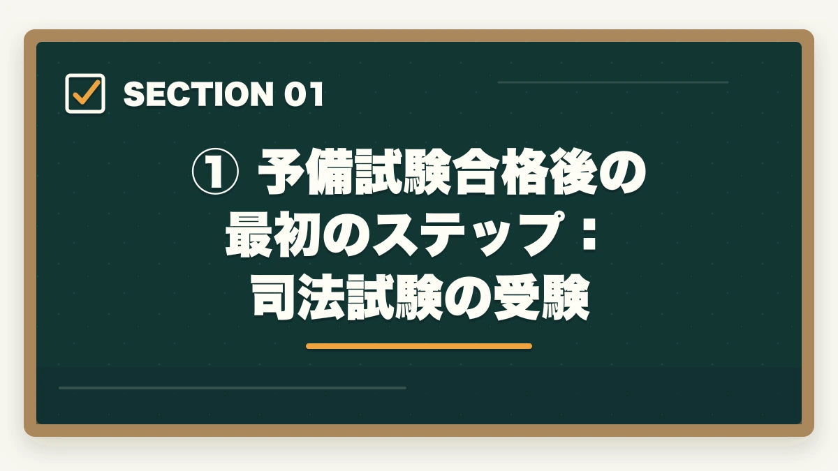 ① 予備試験合格後の最初のステップ:司法試験の受験|予備試験合格後から弁護士になるまでの流れ【完全ロードマップ】の図解
