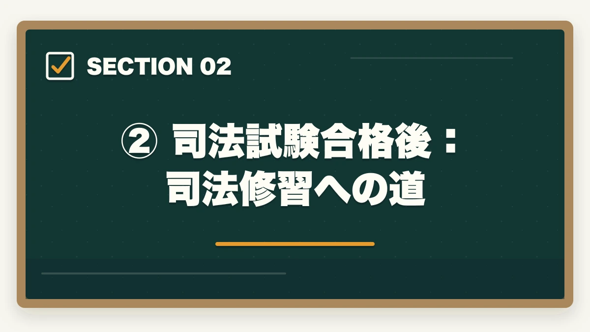 ② 司法試験合格後:司法修習への道|予備試験合格後から弁護士になるまでの流れ【完全ロードマップ】の図解