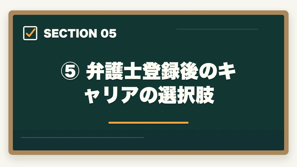 ⑤ 弁護士登録後のキャリアの選択肢|予備試験合格後から弁護士になるまでの流れ【完全ロードマップ】の図解