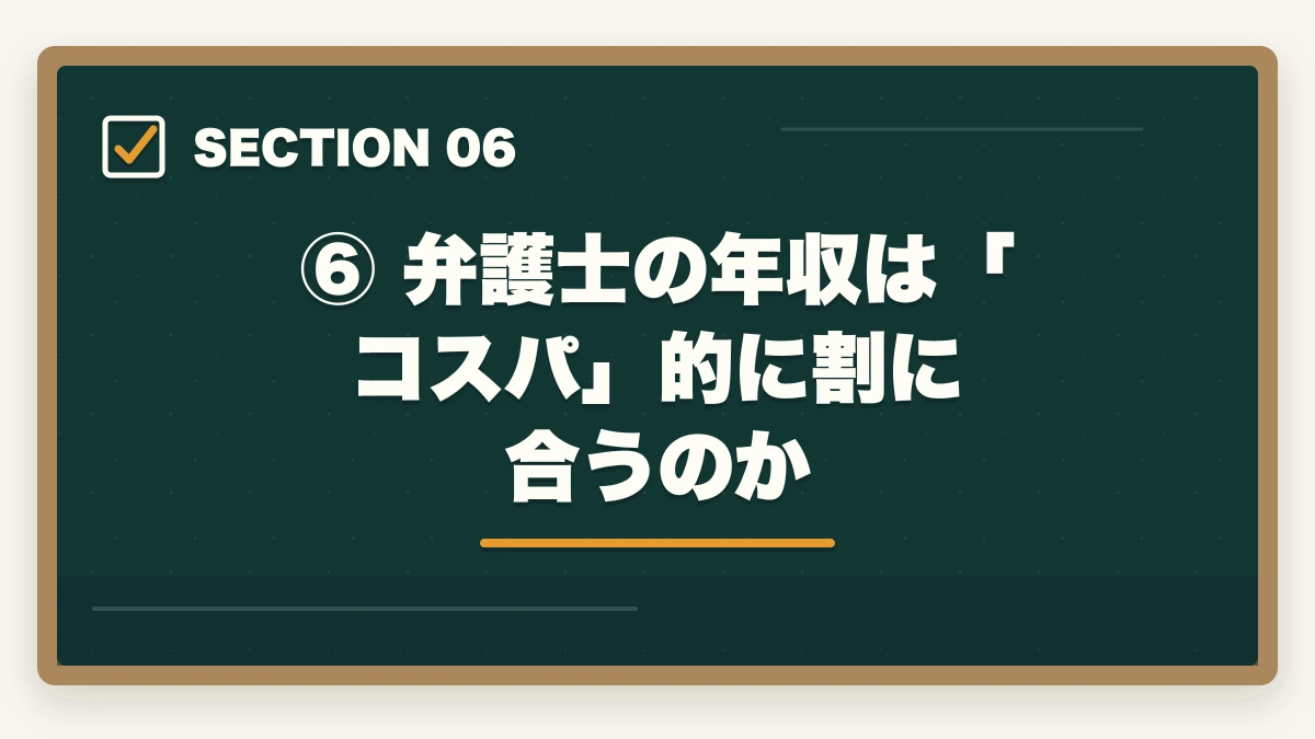 ⑥ 弁護士の年収は「コスパ」的に割に合うのか｜弁護士の年収の現実【平均・中央値・独立後まで徹底解説】の図解