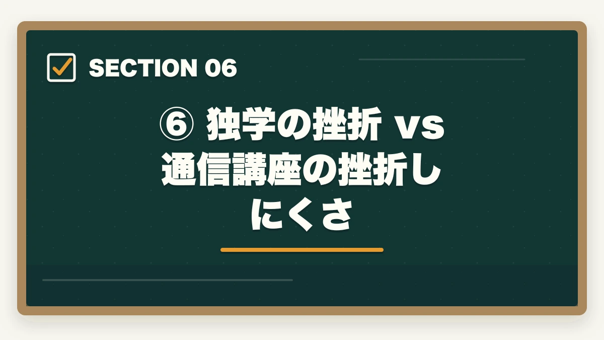 ⑥ 独学の挫折 vs 通信講座の挫折しにくさ|予備試験で挫折・やめたいと思ったら読む記事【続けるコツ7選】の図解