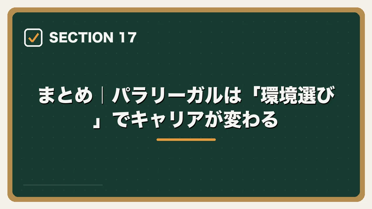 まとめ｜パラリーガルは「環境選び」でキャリアが変わる｜パラリーガルの転職ガイドの図解